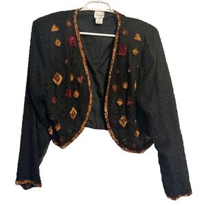 Styleworks Vintage Silk‎ Beaded Bolero Jacket Black Geometric Evening Size 18
